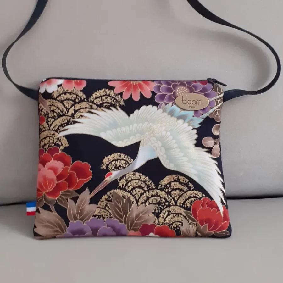 Mini sac en bandoulière tissu au motif de grue japonaise Kushiro