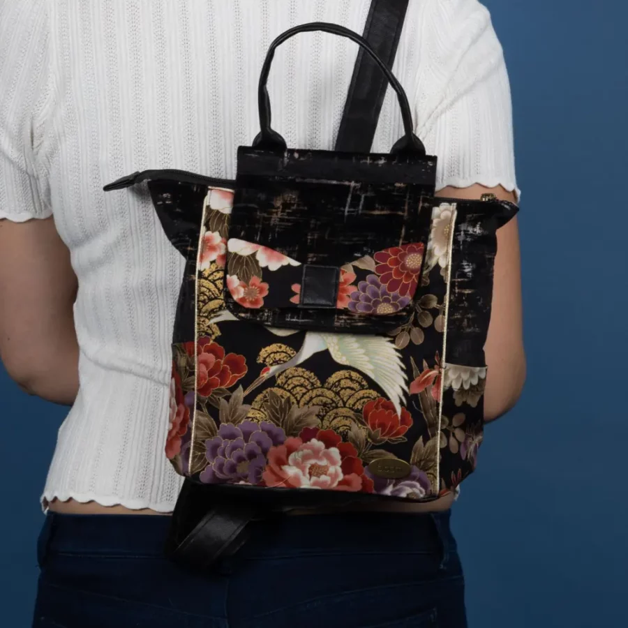 Petit sac à dos en textile japonais fleuri et cuir vegan Kushiro