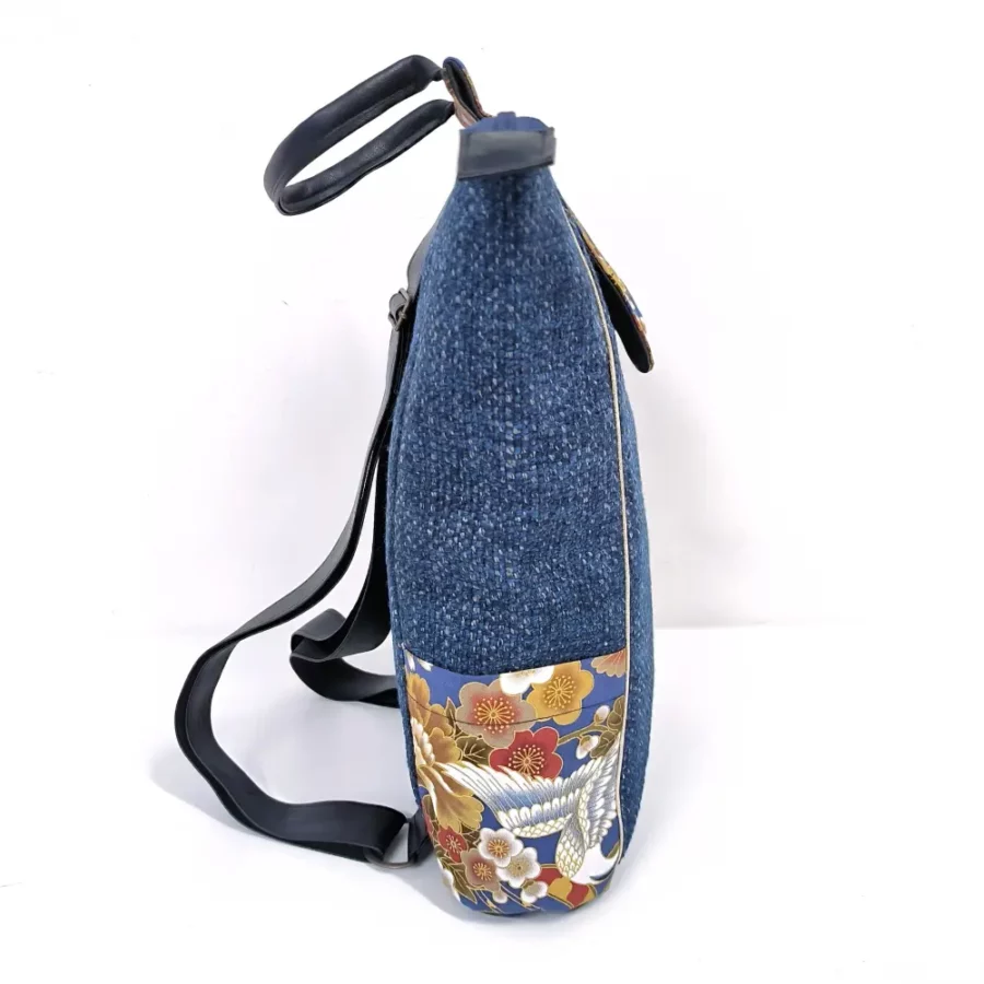 sac-à-dos-en-tweed-bleu-et-poche-décorative-en-tissu-fleuri-japonais