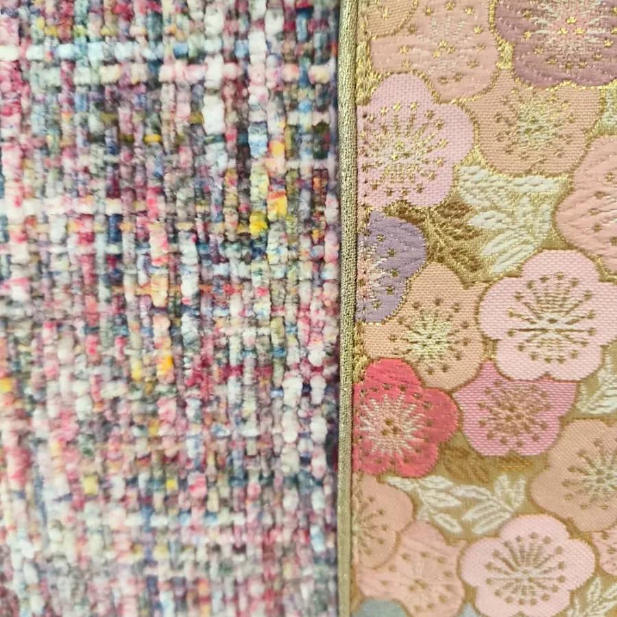 tweed-rose-avec-passepoil-doré-et-kimono-fleuri-japonais-vegan