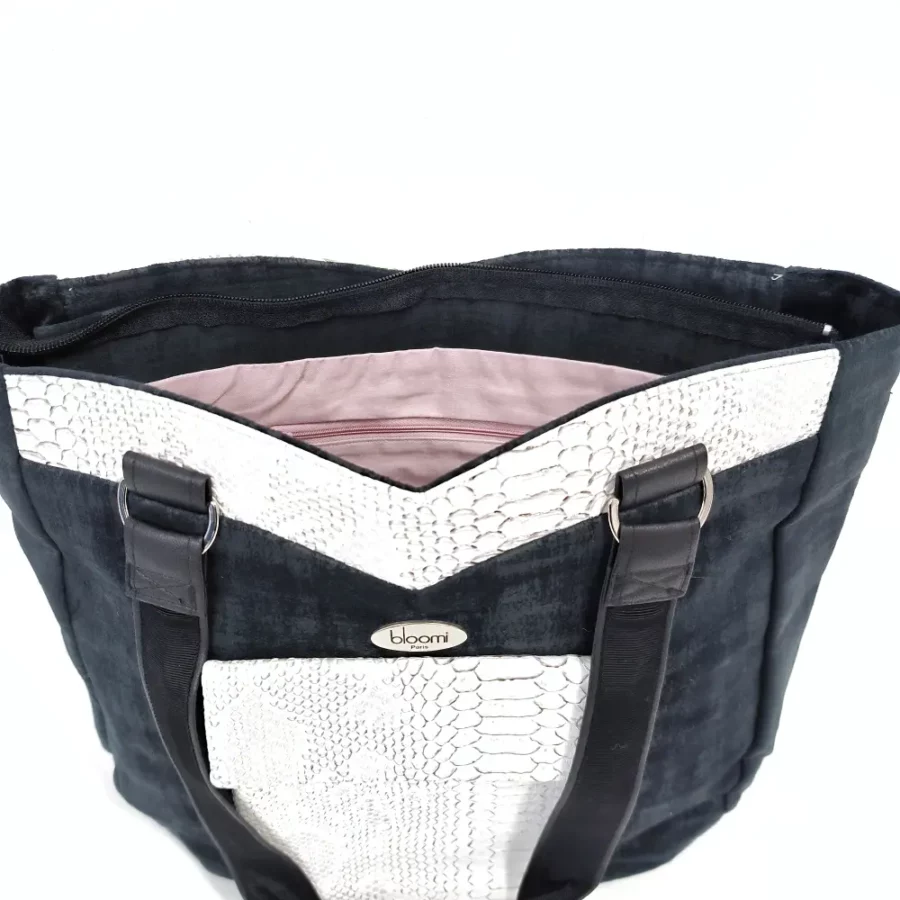 Grand sac vegan Audrey en velours noir et simili cuir blanc – Image 4