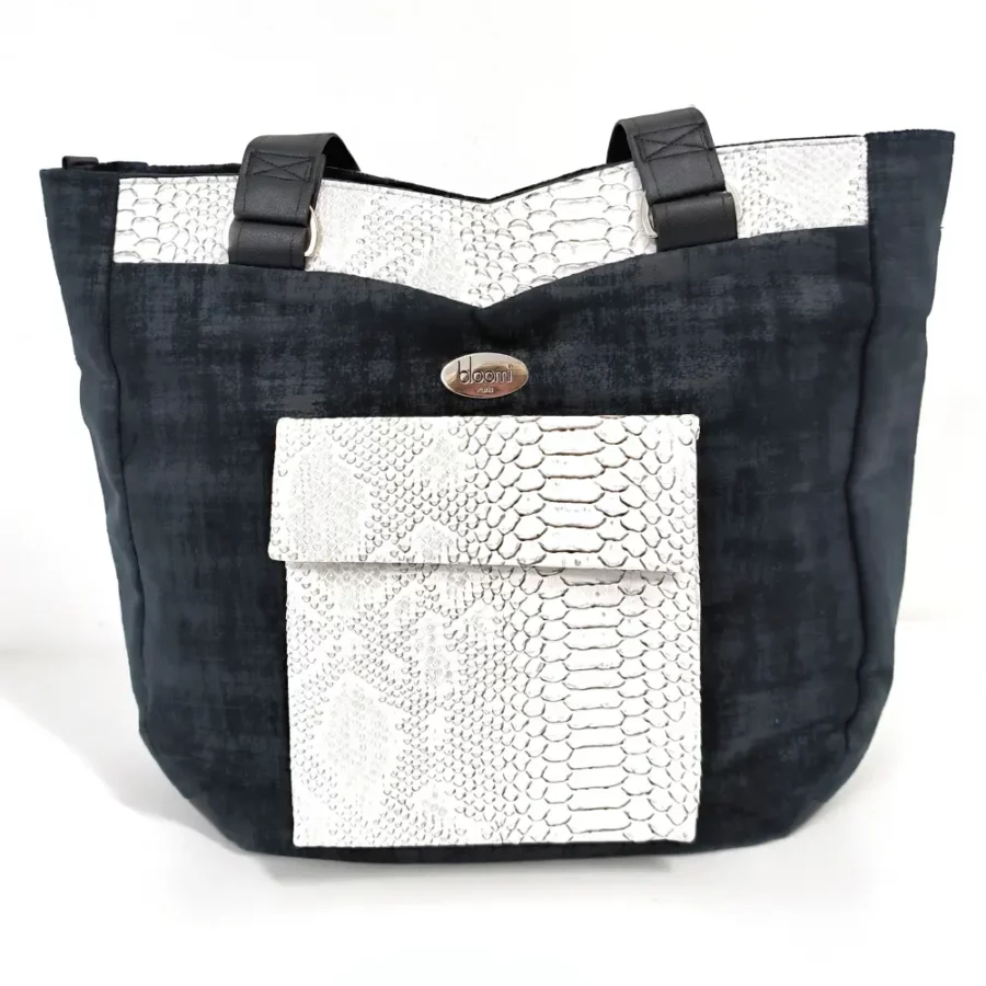 Grand sac vegan Audrey en velours noir et simili cuir blanc