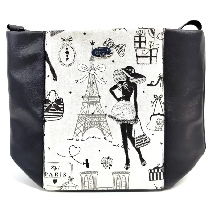 sac-moyen-bandoulière-noir-mat-vegan-cuir-et-motifs-tour-eiffel-avec-personnage-femme