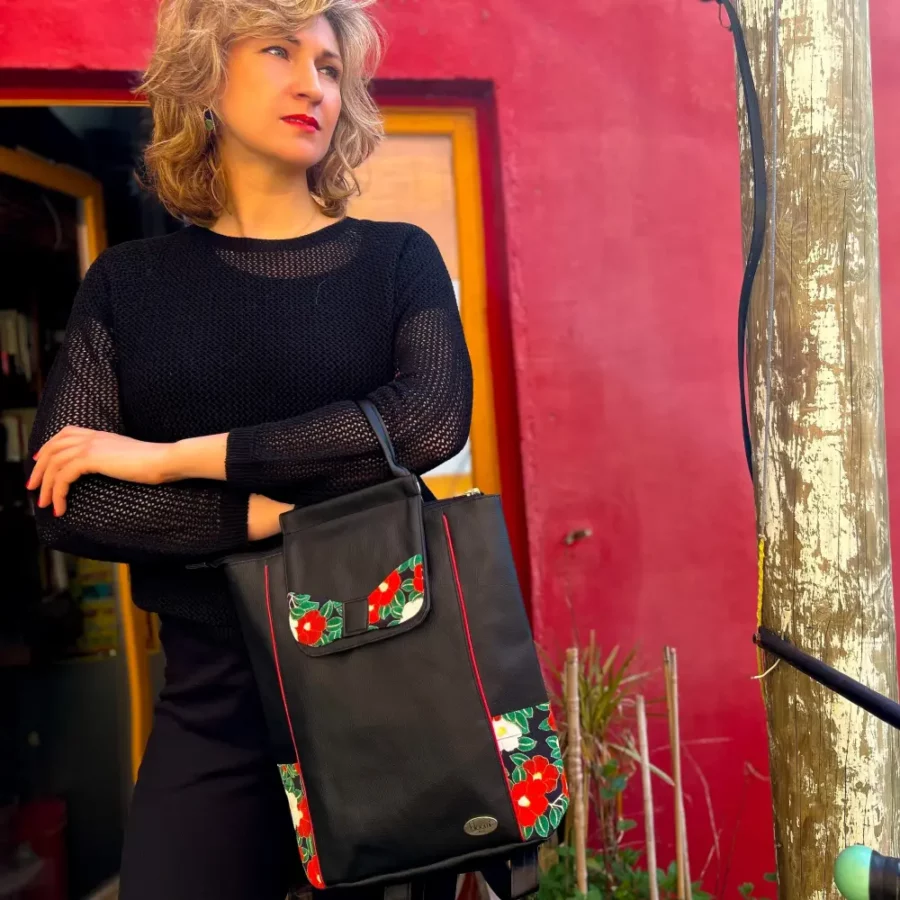 Grand sac à dos vegan noir Coquelicot rouge – Image 6