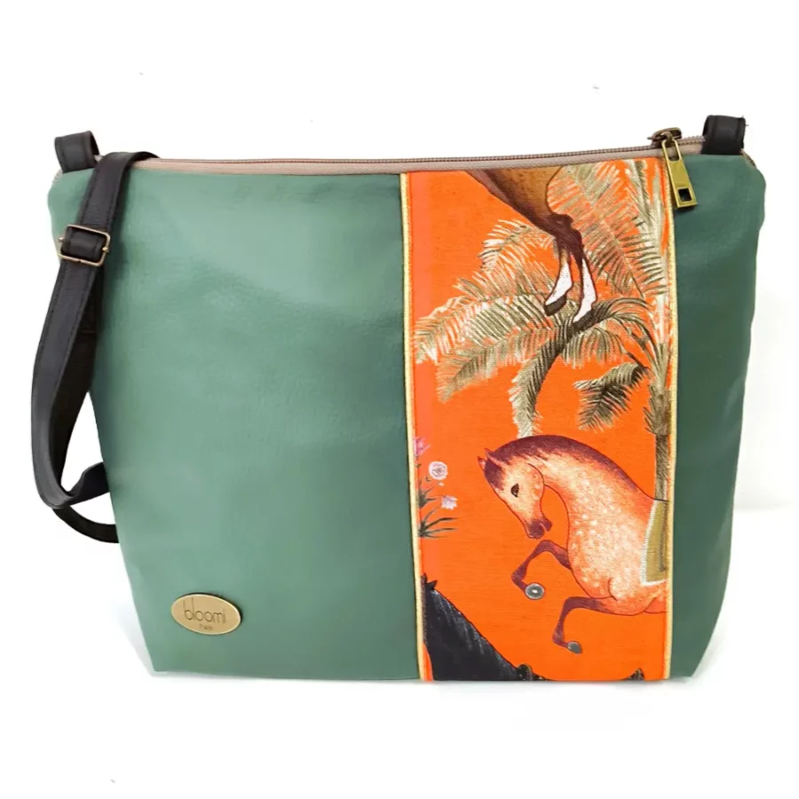Moyenne pochette bandoulière vegan à bande Perses chevaux orange