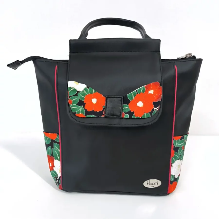 Petit sac à dos vegan noir avec des Coquelicots rouges