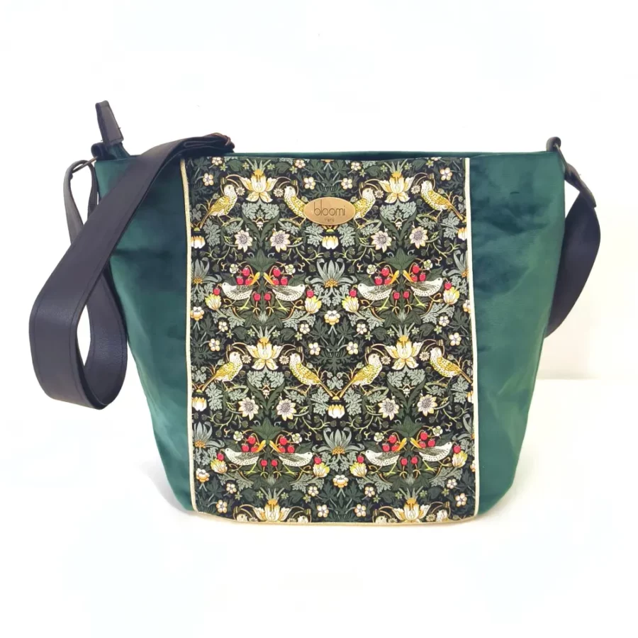 Sac moyen en bandoulière vegan Oiseaux et velours vert
