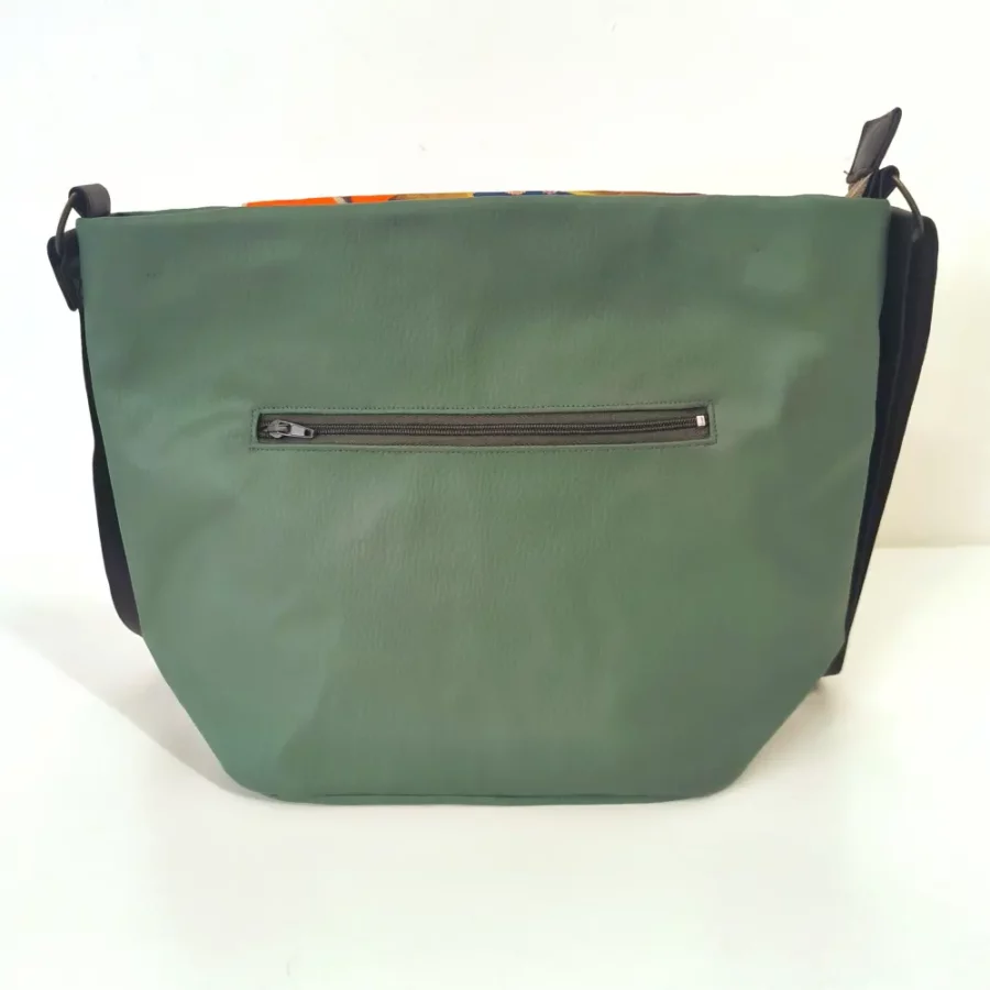 Sac moyen en bandoulière Perses chevaux orange et cuir vegan vert – Image 2