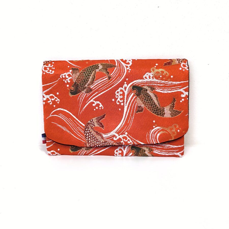 Portefeuille avec rabat aimanté carpes japonaises or et orangé en kimono précieux – Image 7