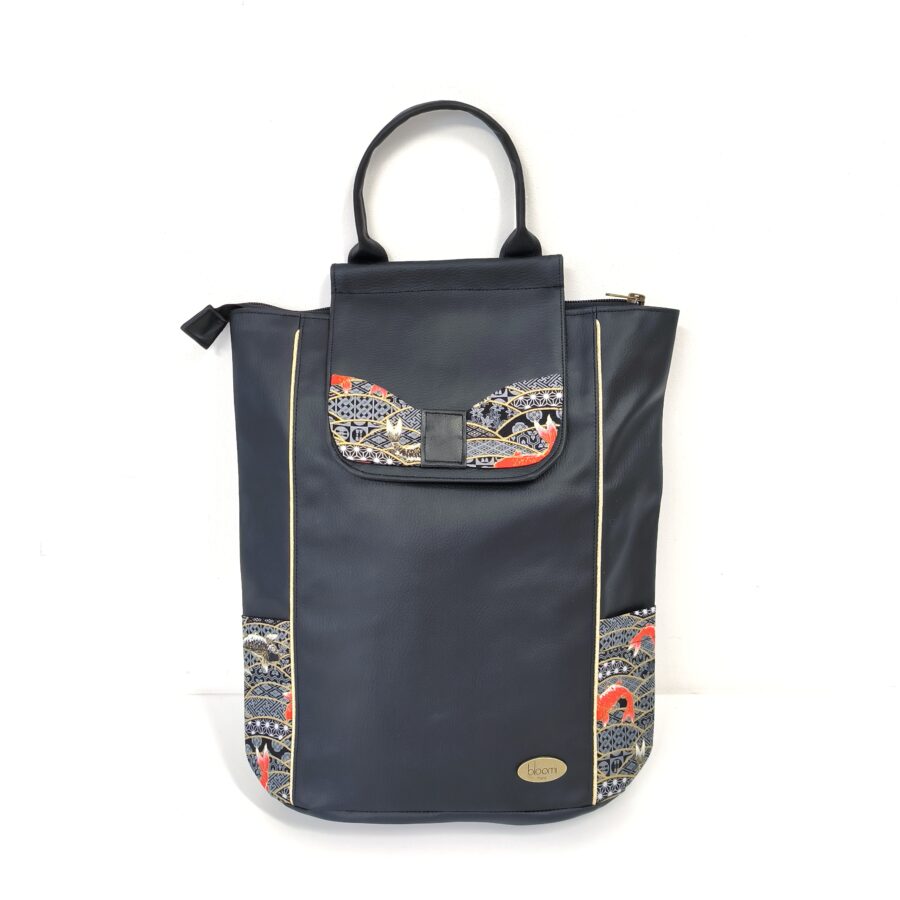 Grand sac à dos cuir vegan noir et carpes Koi japonais – Image 3