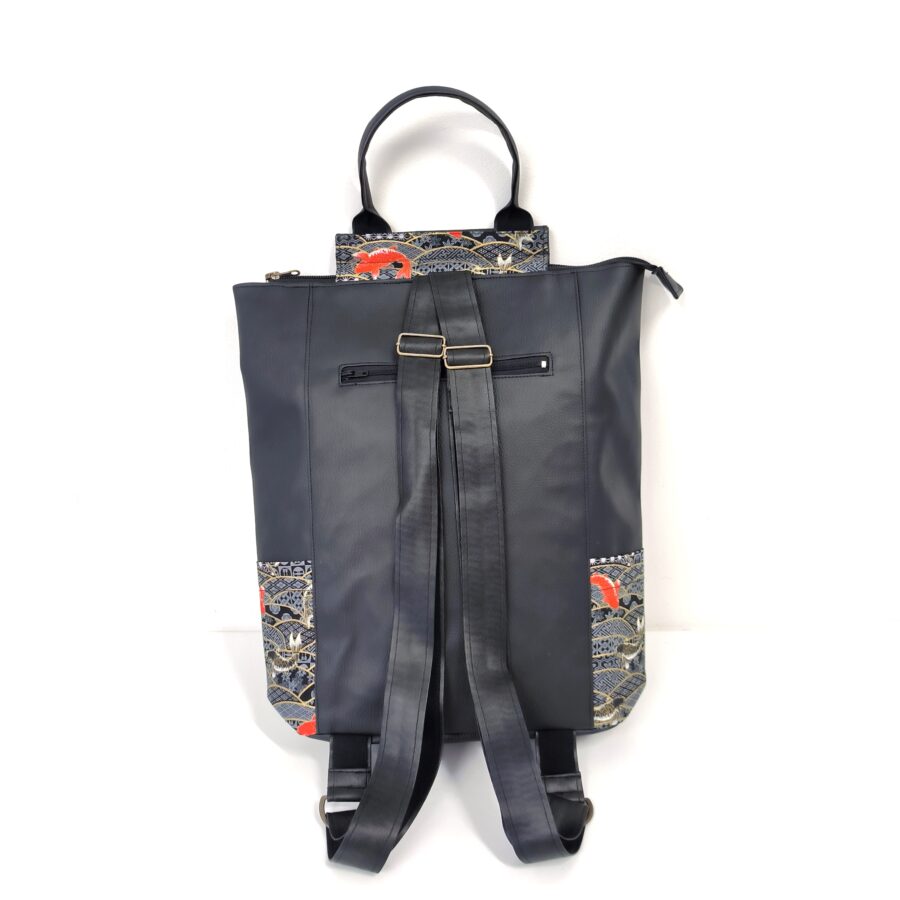 Grand sac à dos cuir vegan noir et carpes Koi japonais – Image 6