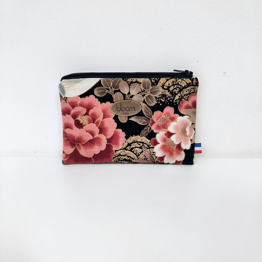 Grande porte-monnaie Kushiro noir motifs fleurs japonaises