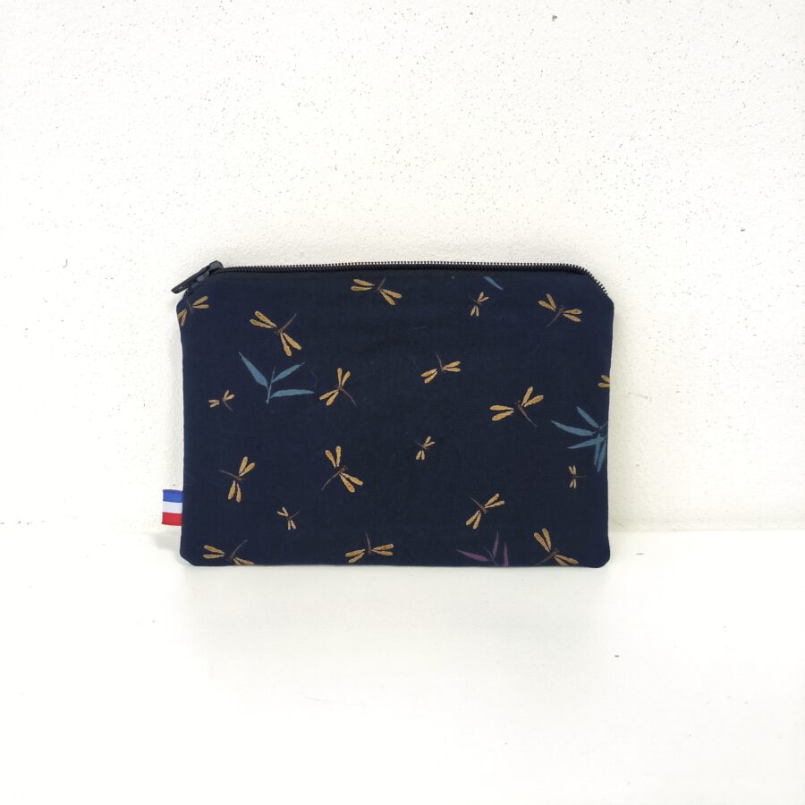 Grande porte-monnaie Libellules marine et or vegan en tissu japonais – Image 4
