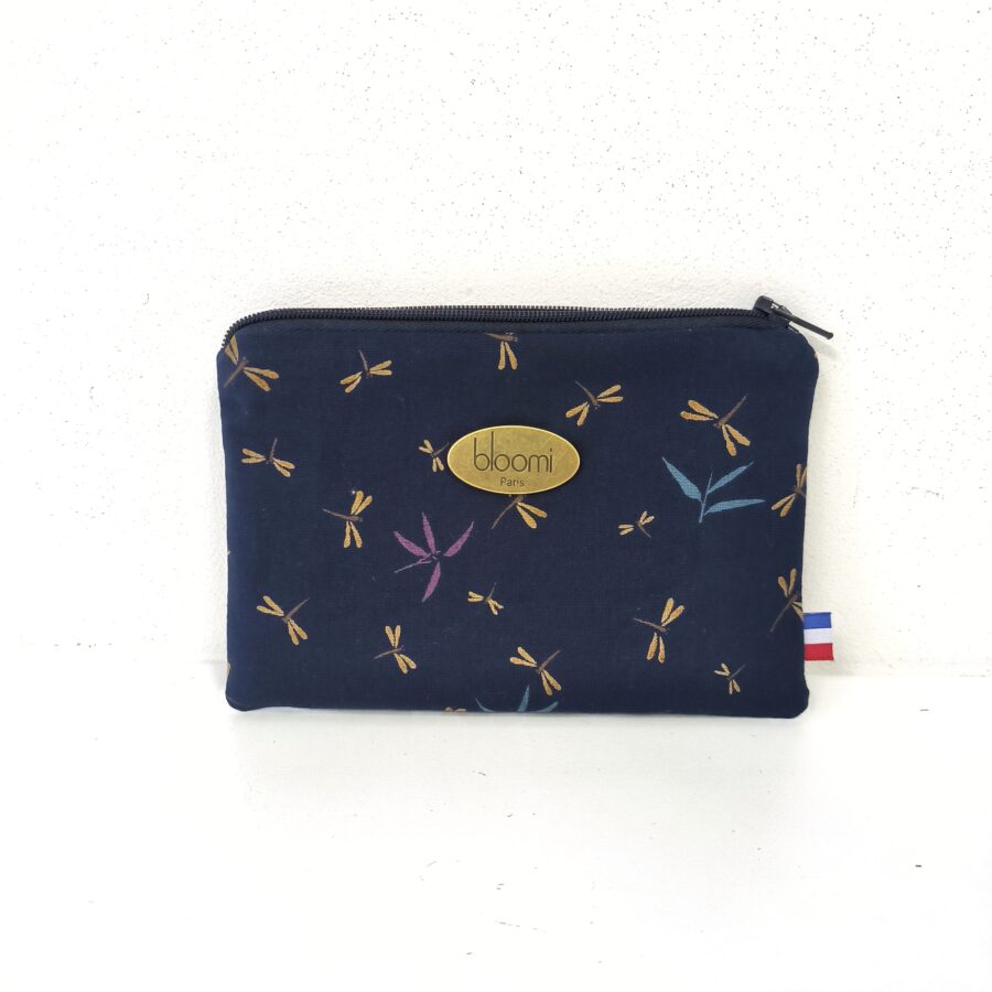 Grande porte-monnaie Libellules marine et or vegan en tissu japonais – Image 2