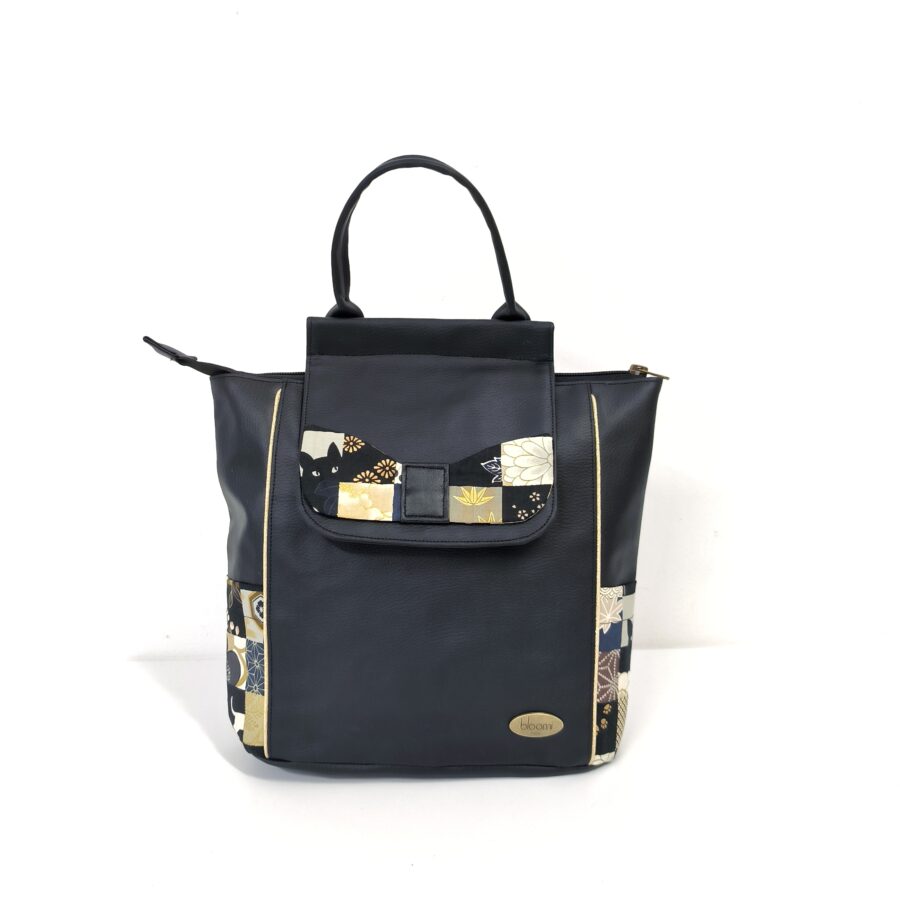 Petit sac à dos vegan noir avec motifs chats or et bleu – Image 2