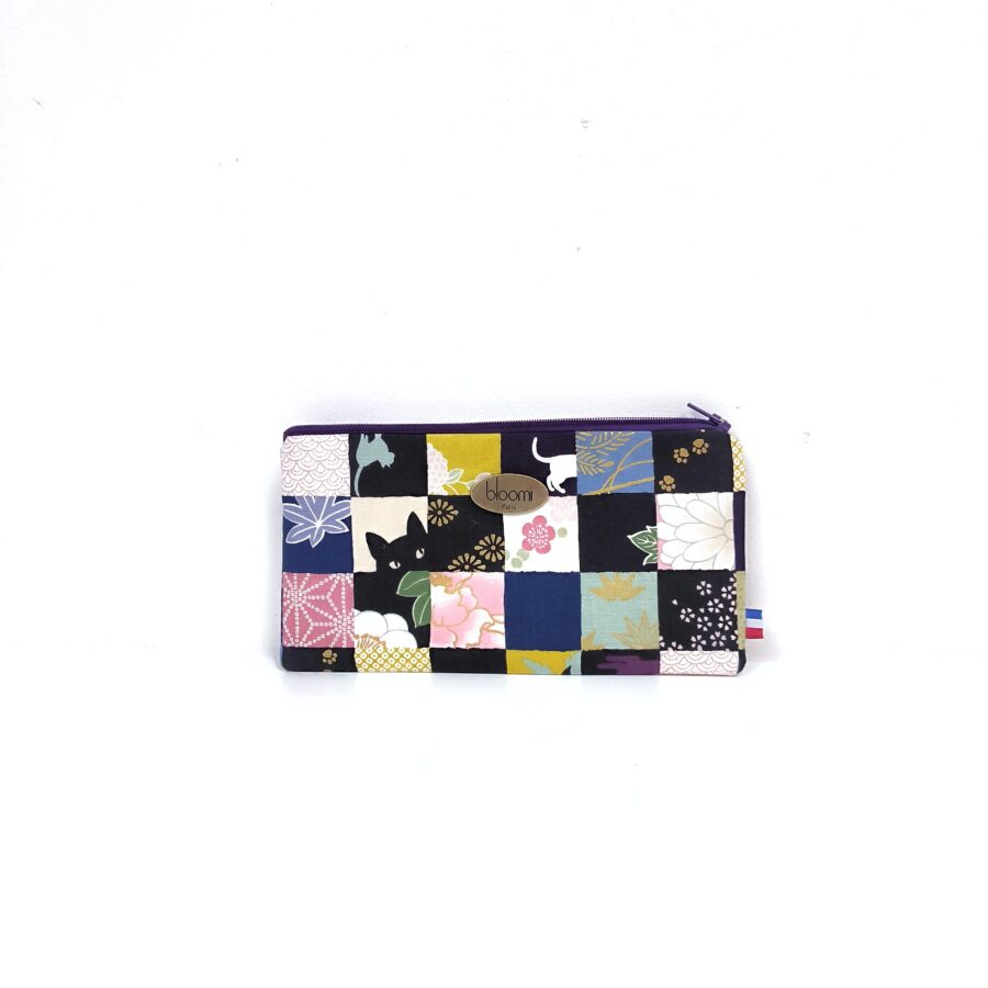 Trousse allongée chats Neko violet et vert étui à lunettes