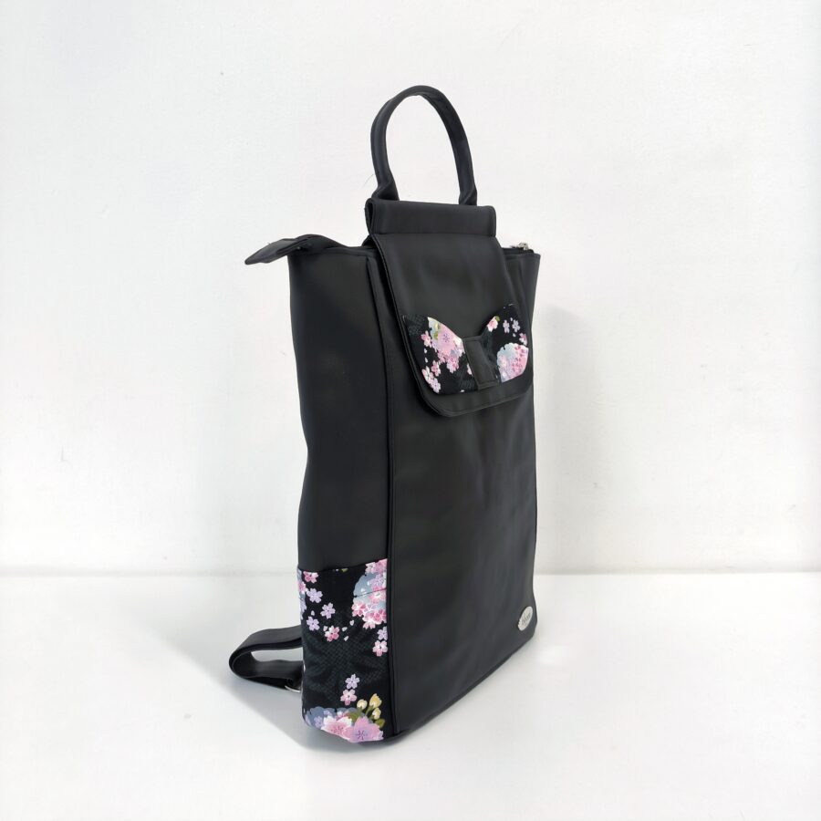 Grand sac à dos vegan fleurs de sakura mauve et noir – Image 2