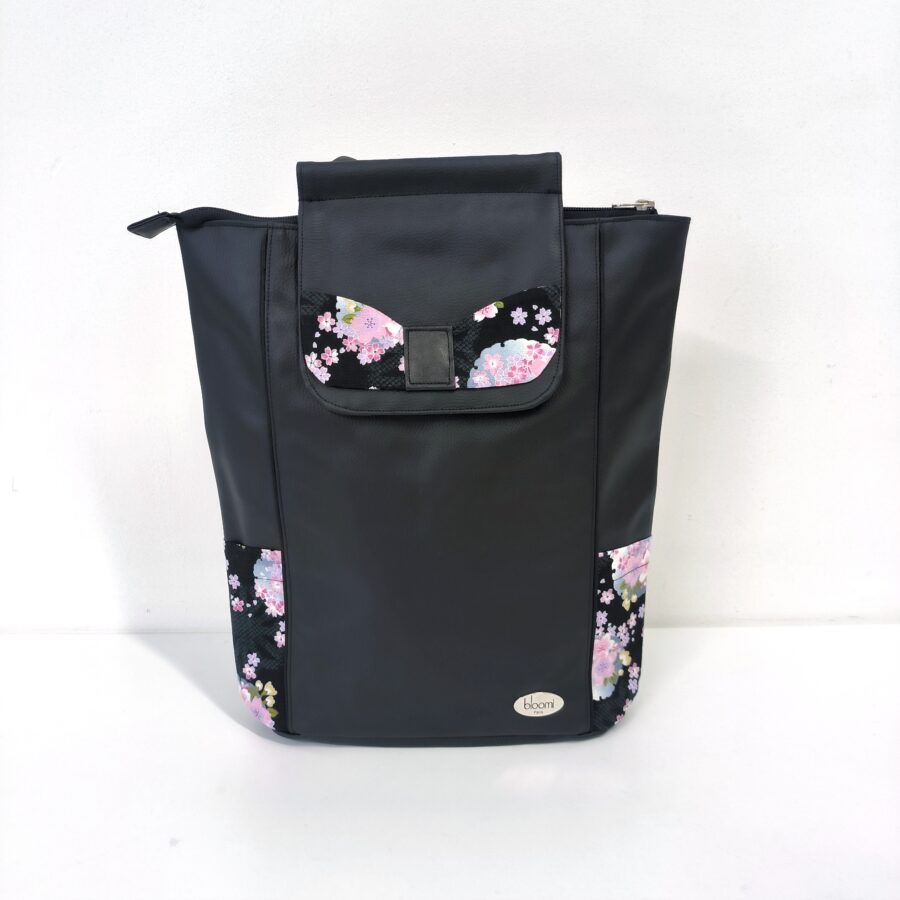 Grand sac à dos vegan fleurs de sakura mauve et noir – Image 3