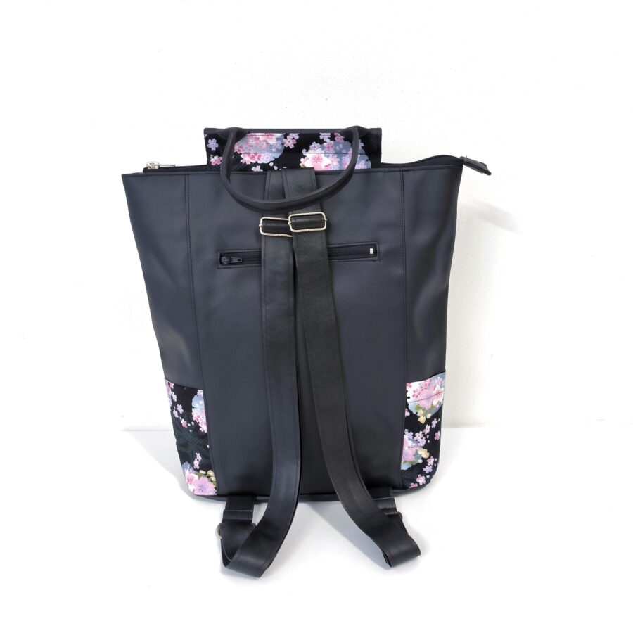 Grand sac à dos vegan fleurs de sakura mauve et noir – Image 4
