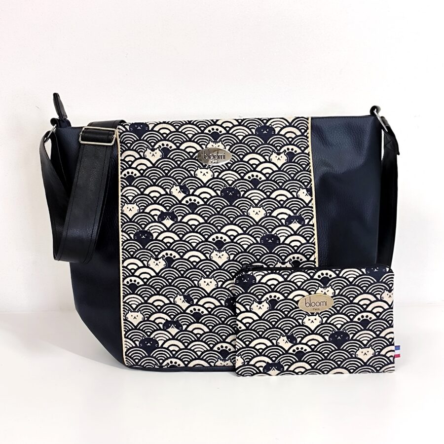 Sac moyen bandoulière vegan Chats Bleu et vagues – Image 3