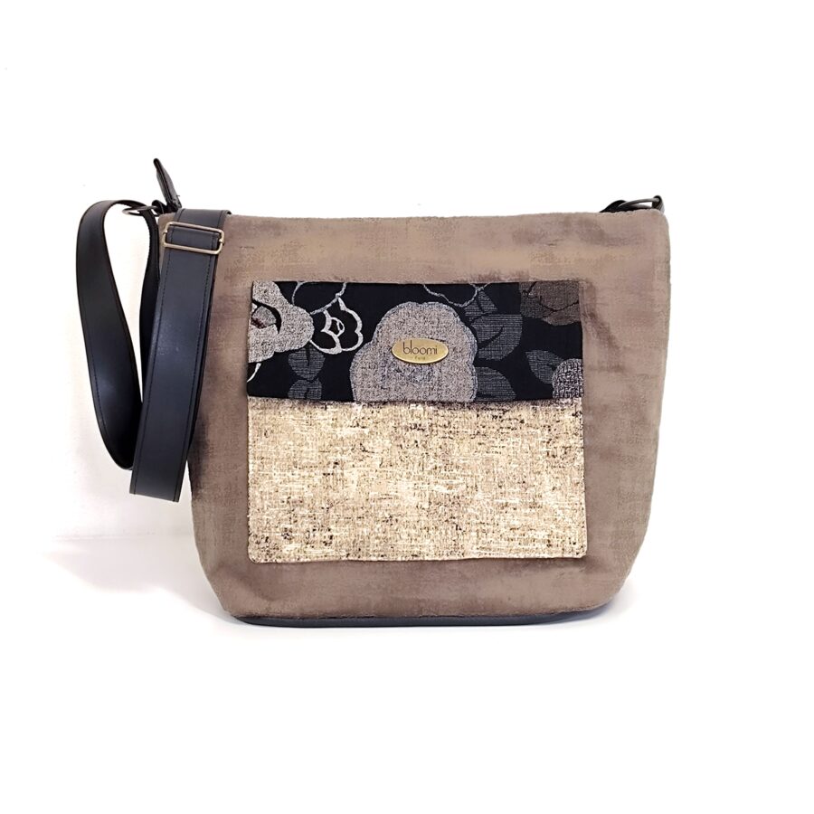 Sac Tote Bag bandoulière vegan Fleurs japonaises velours Marron