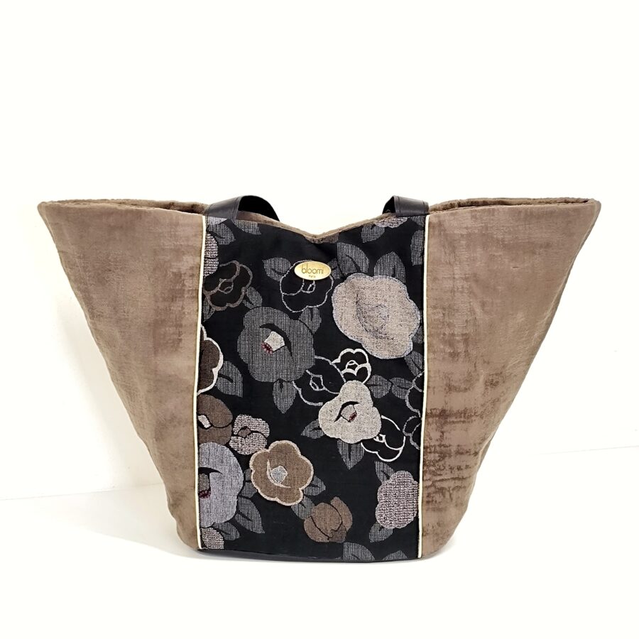Panier 2-en-1 vegan en velours marron et kimono de Fleurs japonaises or et noir