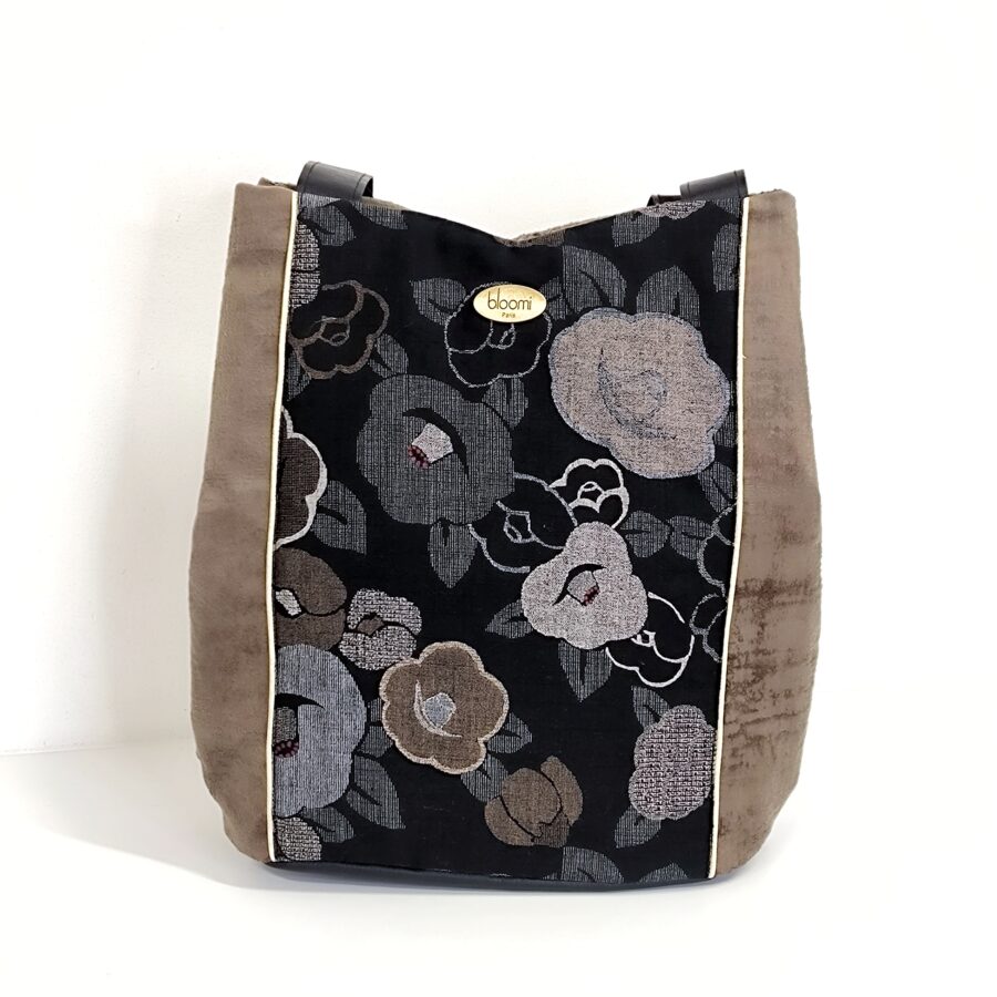 Panier 2-en-1 vegan en velours marron et kimono de Fleurs japonaises or et noir – Image 2