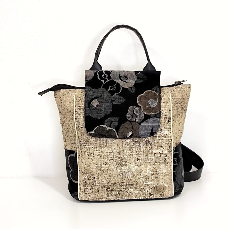 Sac à dos petit format vegan Fleurs japonaises or et noir