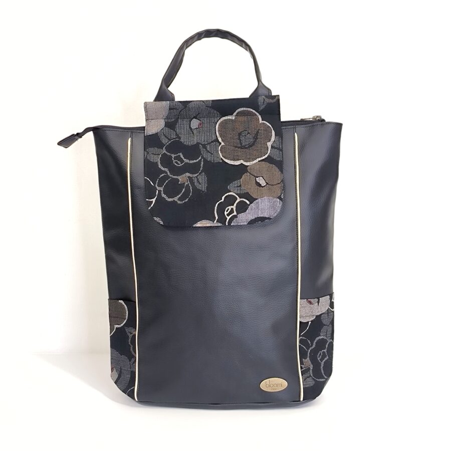 Sac à dos grand format vegan Fleurs japonaises or et noir
