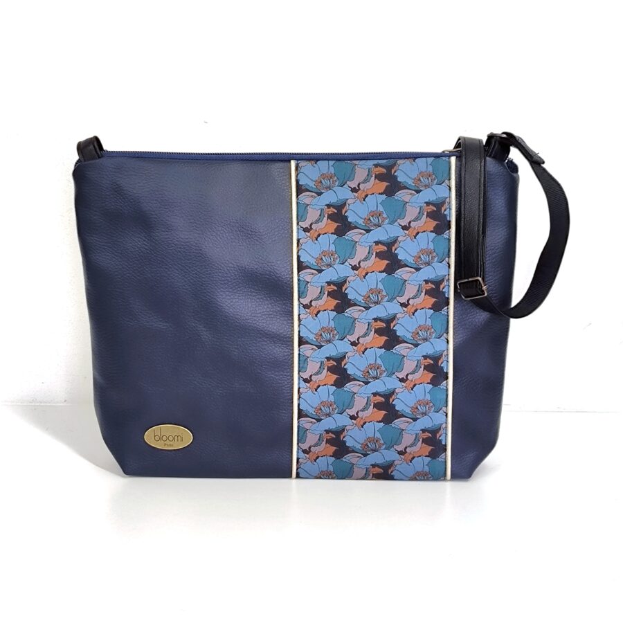 Pochette bandoulière vegan en cuir marine vegan et Liberty de fleurs Pavot Bleu – Image 6
