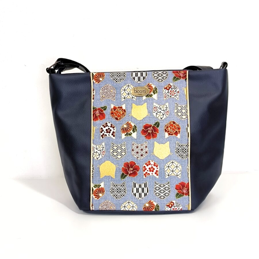 Tote Bag bandoulière vegan avec Têtes de chats or et bleu – Image 2