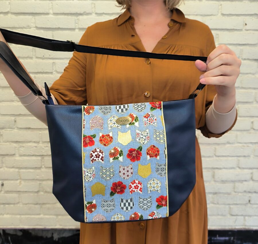 Tote Bag bandoulière vegan avec Têtes de chats or et bleu