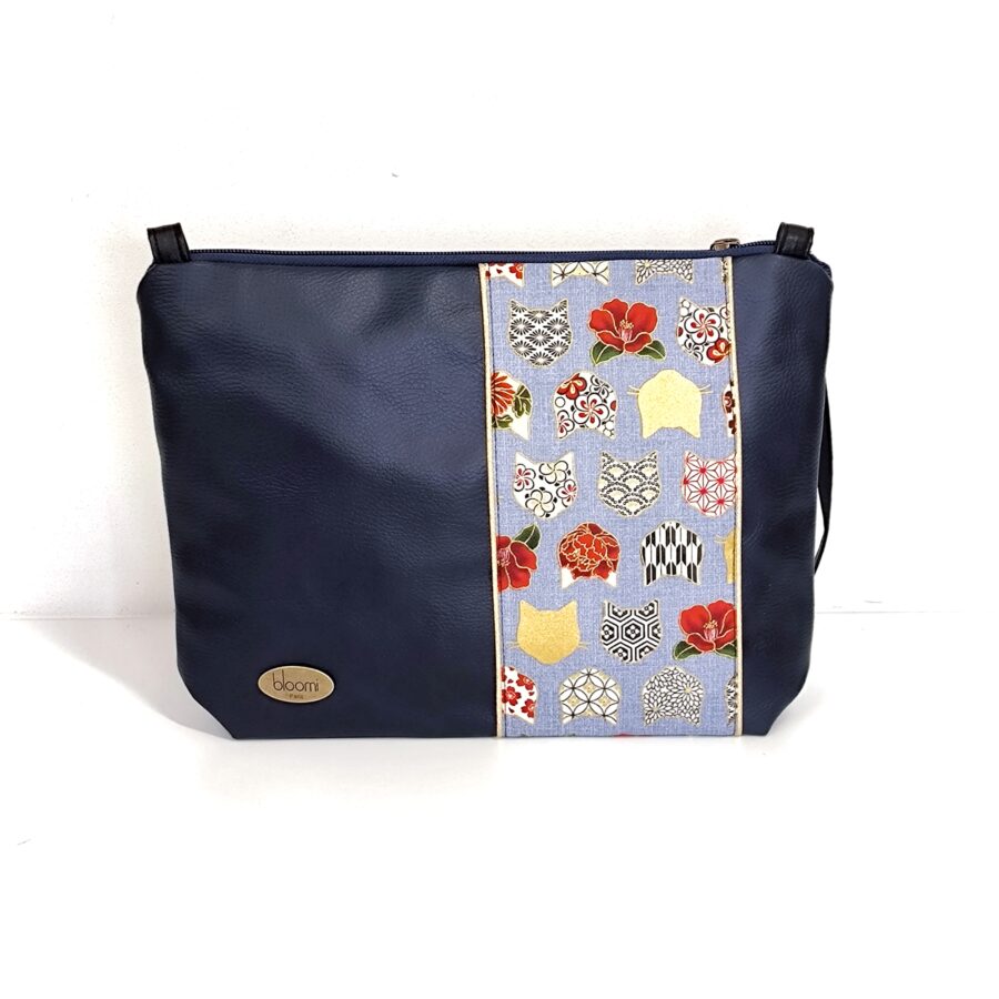 Pochette bandoulière moyenne en cuir vegan marine avec Têtes de chats Bleu