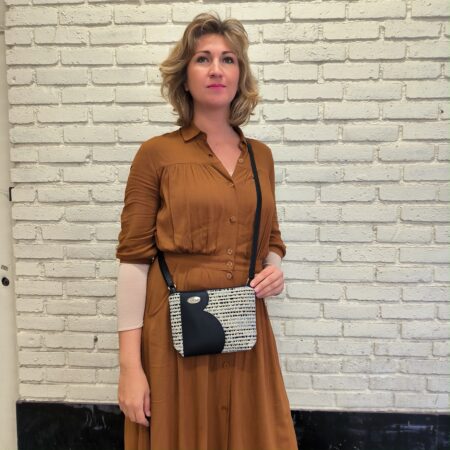 Petit sac bandoulière vegan en tweed et cuir marine vegan Tweedy Bleu