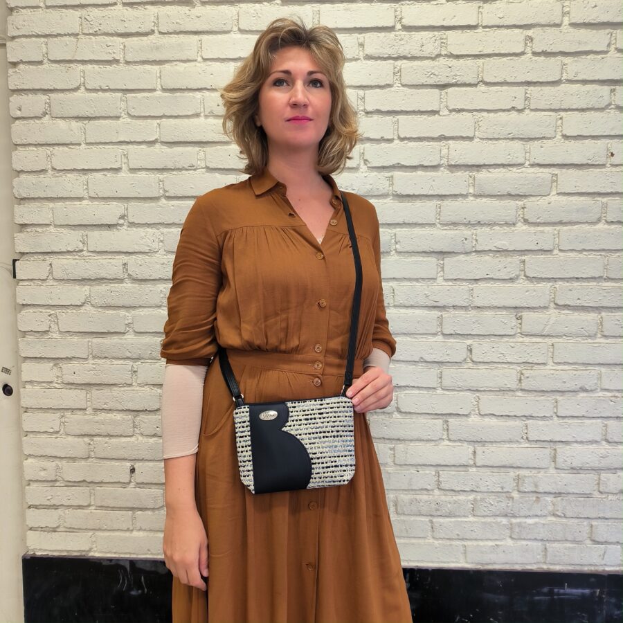 Petit sac bandoulière vegan en tweed et cuir marine vegan Tweedy Bleu