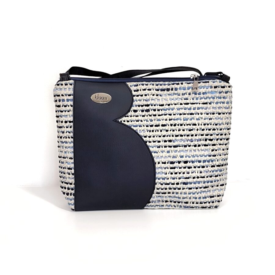 Pochette bandoulière moyenne en tweed et cuir vegan marine Tweedy Bleu – Image 2