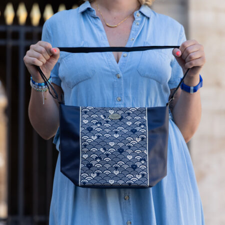 Sac moyen bandoulière vegan Chats Bleu et vagues