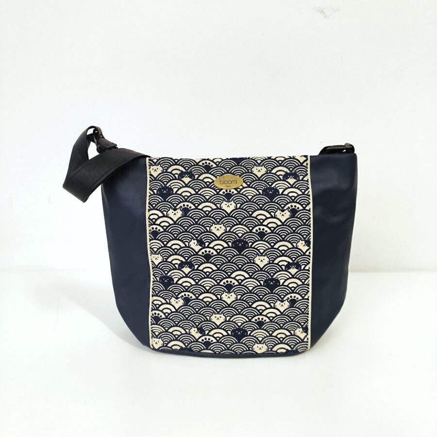 Sac moyen bandoulière vegan Chats Bleu et vagues – Image 4