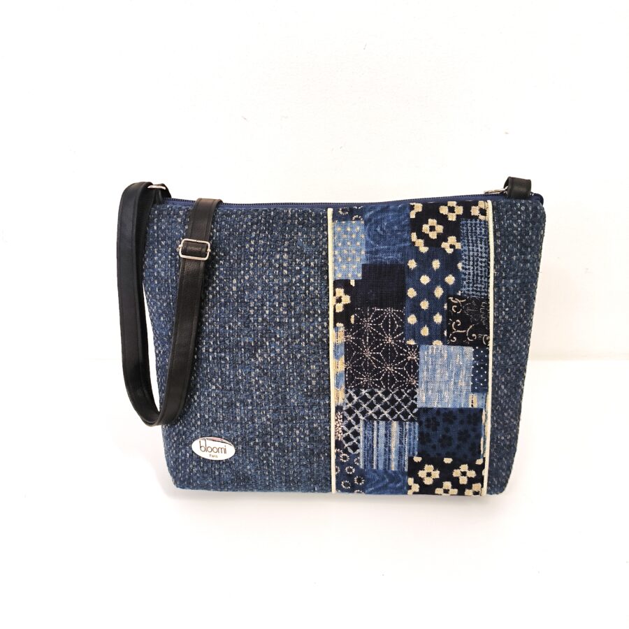 Pochette bandoulière vegan Camaïeux japonais bleu en tweed