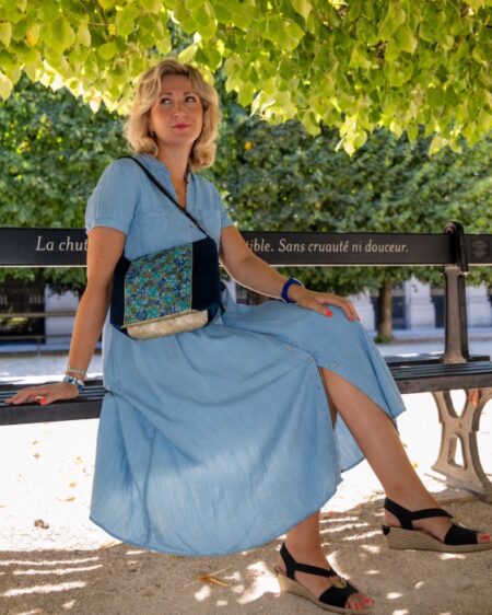 Sac moyen porté épaule et bandoulière en textile haut de gamme turquoise et kimono
