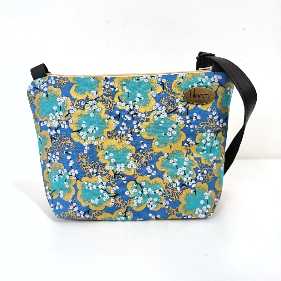Petit sac bandoulière vegan en kimono japonais turquoise et doré