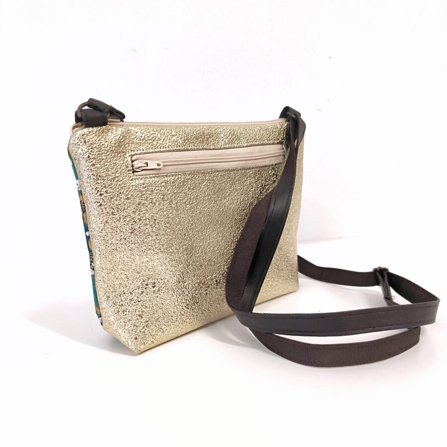 Petit sac bandoulière vegan en kimono japonais turquoise et doré – Image 2