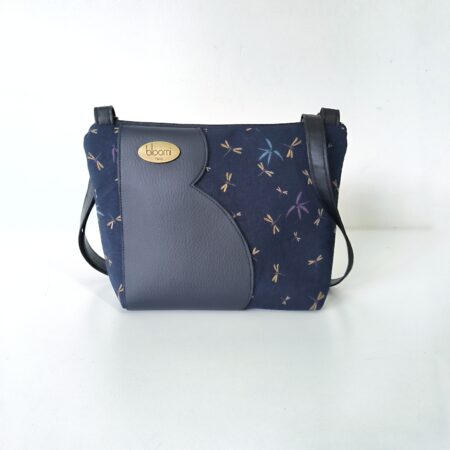 Petit sac bandoulière vegan en tissu japonais motifs Libellules or et marine