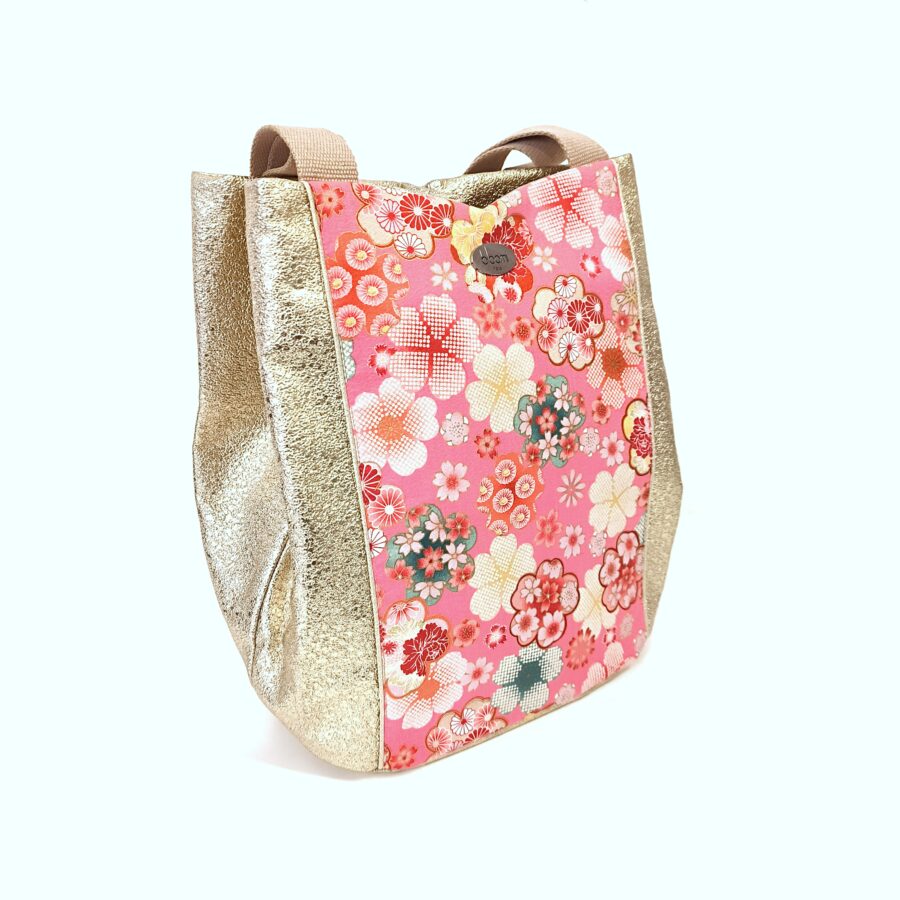 Grand  panier deux en un Sakura rose et cuir vegan doré