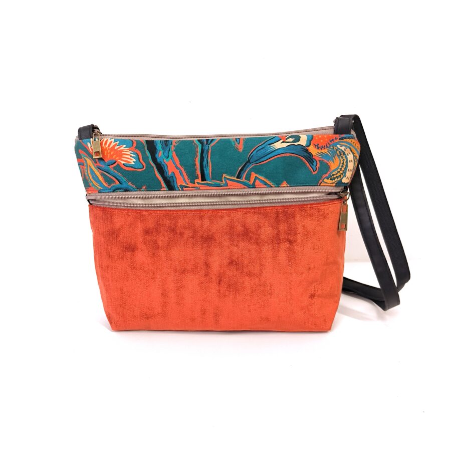 Pochette bandoulière vegan turquoise et velours orangé – Image 3