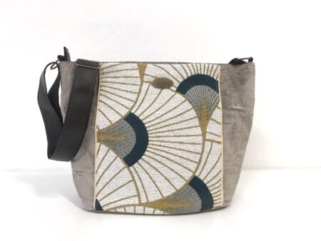 Sac moyen porté épaule et bandoulière Art Déco et velours taupe